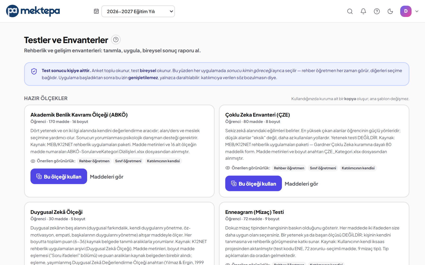 Rehberlik: Testler, Envanterler ve Anketler ekranı — örnek verilerle
