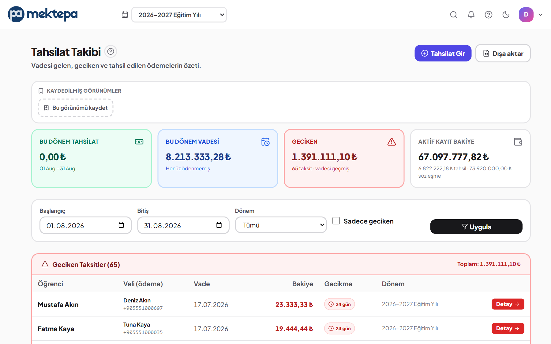 Tahsilat Merkezi ekranı — örnek verilerle