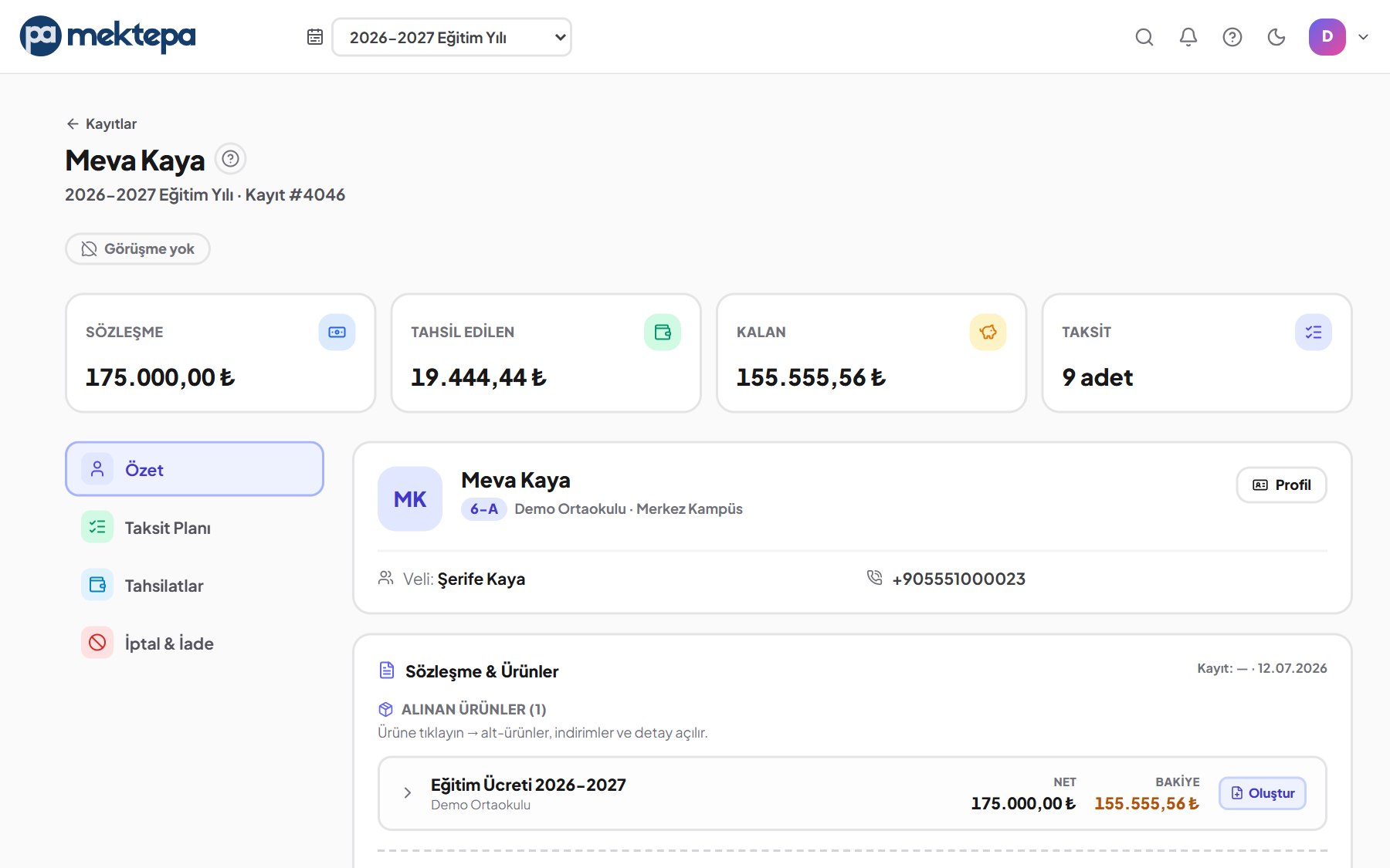 Ücretlendirme, Sözleşme ve Taksit ekranı — örnek verilerle